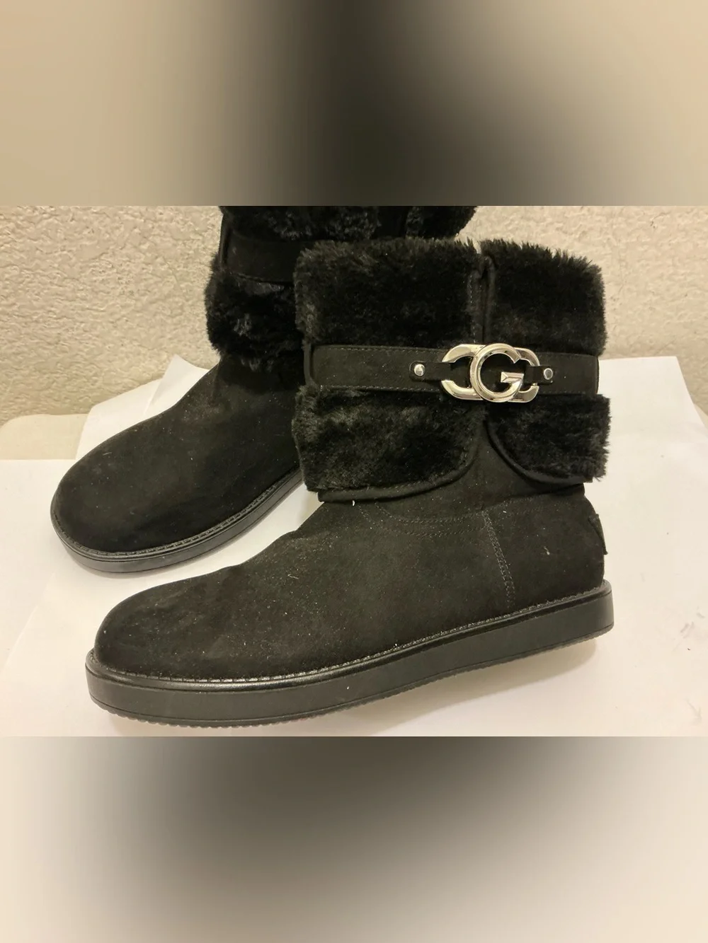 G by Guess Black Faux Fur Ankle Boots with Silver Accent